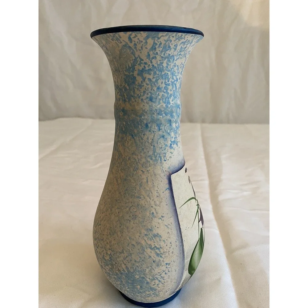 VTG 80s Hand Painted Ceramic Vase Blue Speckled‎ Floral Purple Bell Flowers 9